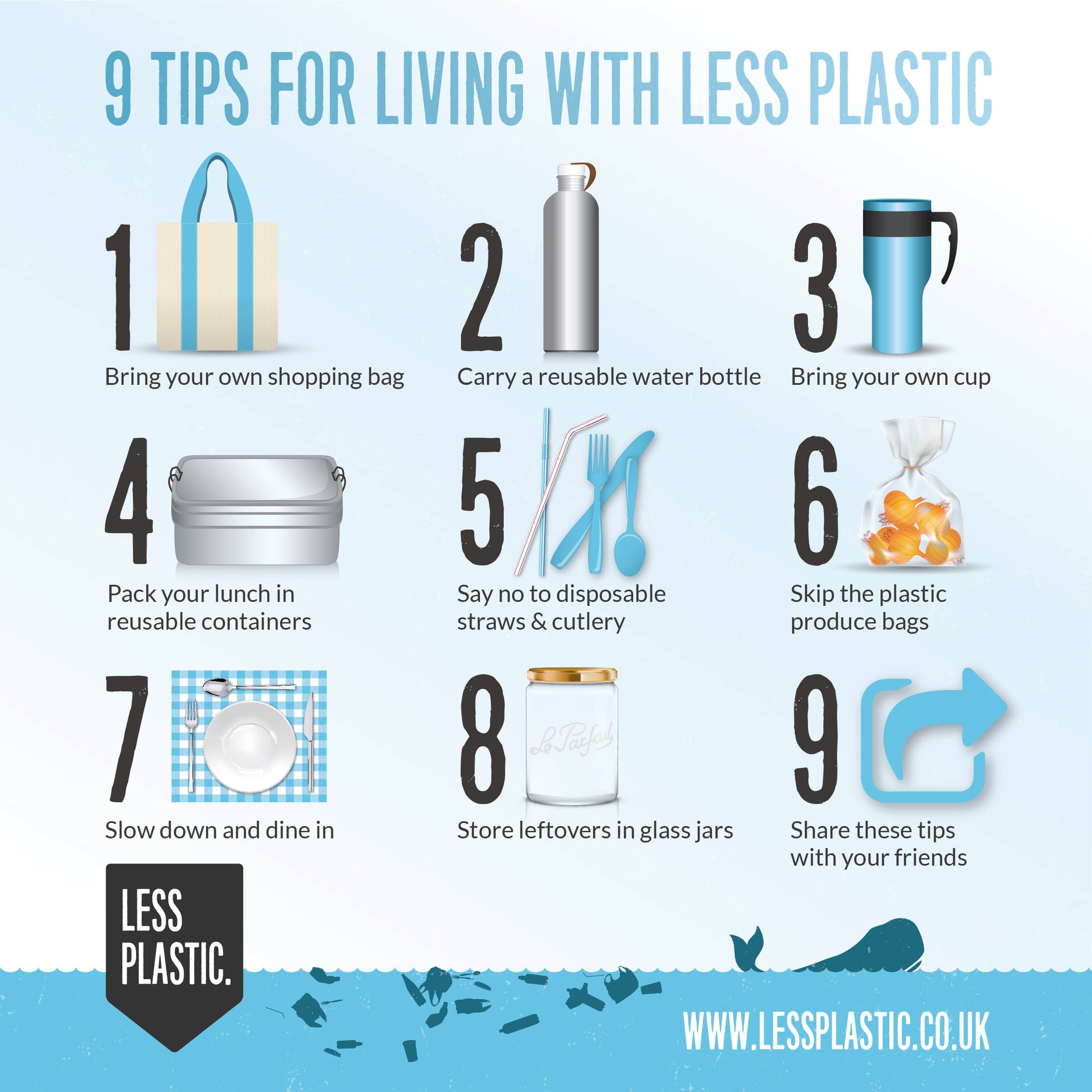 9 tips for living with less plastic infographic